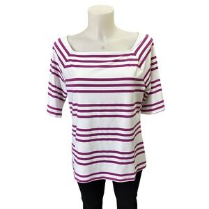 Talbots Square Neck Slimming Stretch Pink White Striped Top NEW Large Petite‎